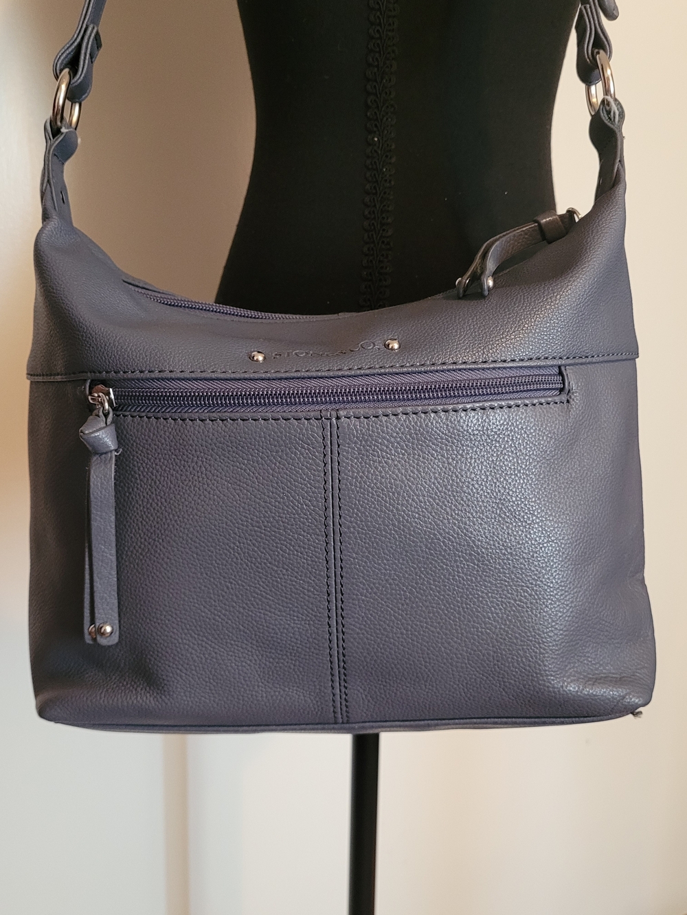 Stone & Co. Pebbled Genuine Leather Slate Blue Shoulder Bag Zip Top EUC